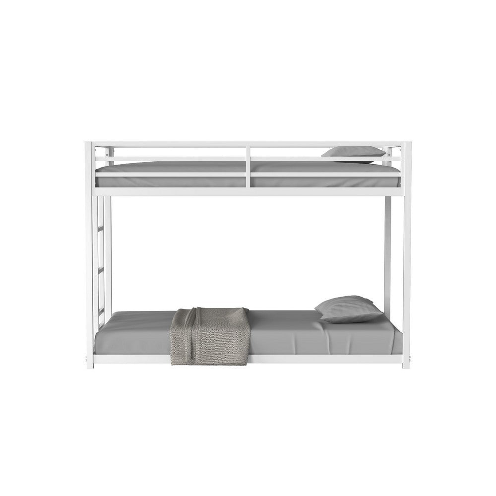 Ady Low Profile Twin Over Twin Bunk Bed with Ladder, White Metal Frame