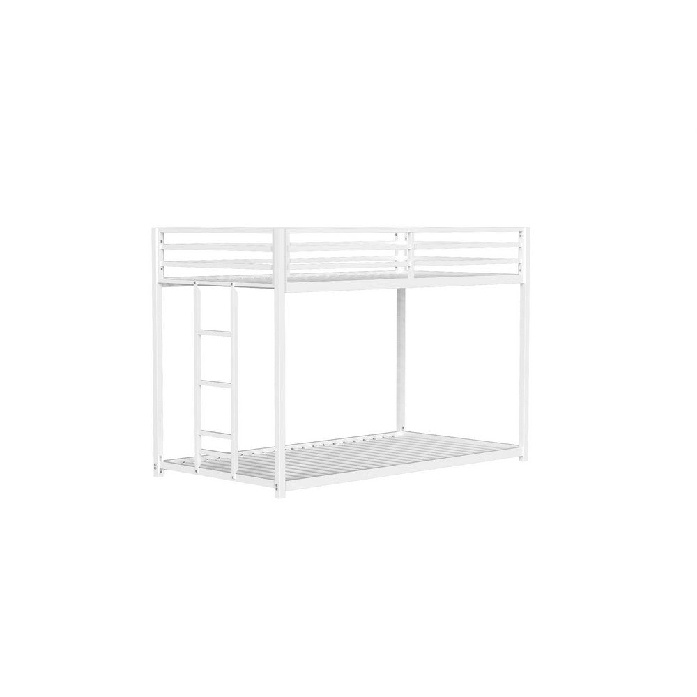 Ady Low Profile Twin Over Twin Bunk Bed with Ladder, White Metal Frame