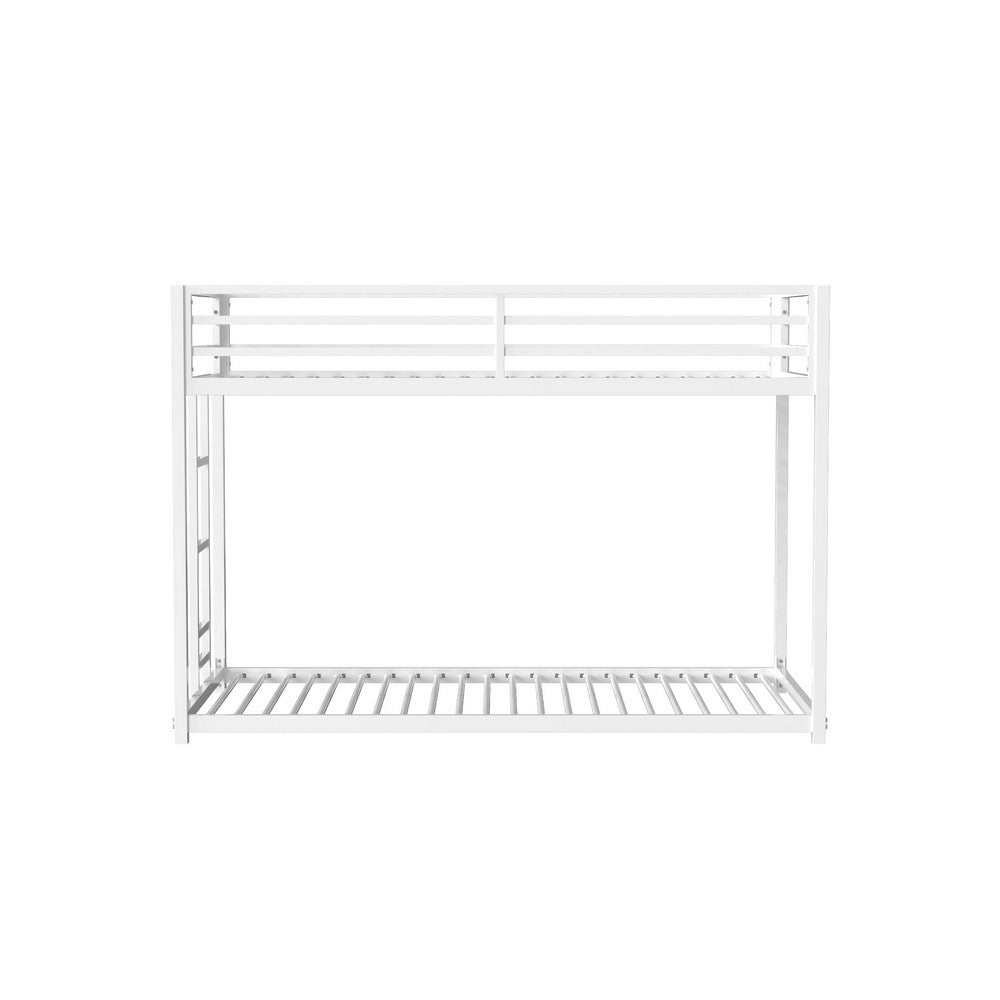 Ady Low Profile Twin Over Twin Bunk Bed with Ladder, White Metal Frame