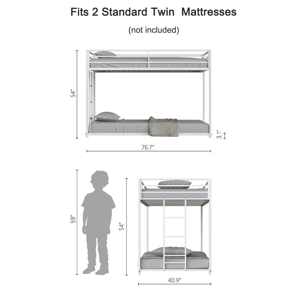 Ady Low Profile Twin Over Twin Bunk Bed with Ladder, White Metal Frame