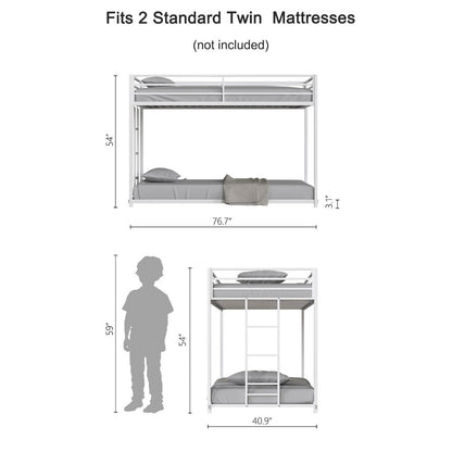Ady Low Profile Twin Over Twin Bunk Bed with Ladder, White Metal Frame