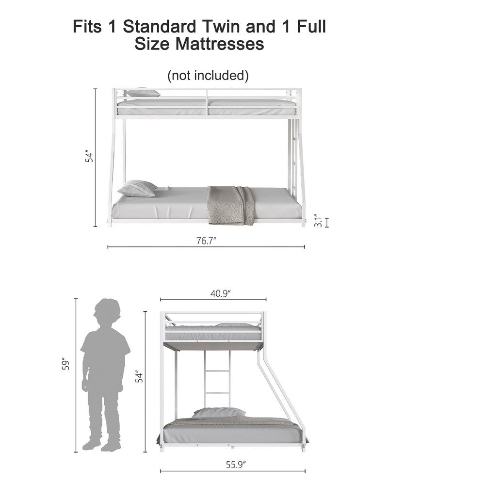 Ady Low Profile Twin Over Full Bunk Bed with Ladder, White Metal Frame