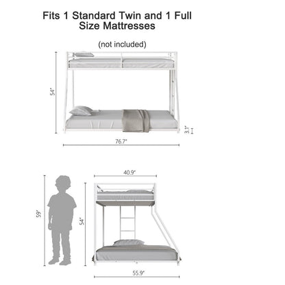 Ady Low Profile Twin Over Full Bunk Bed with Ladder, White Metal Frame