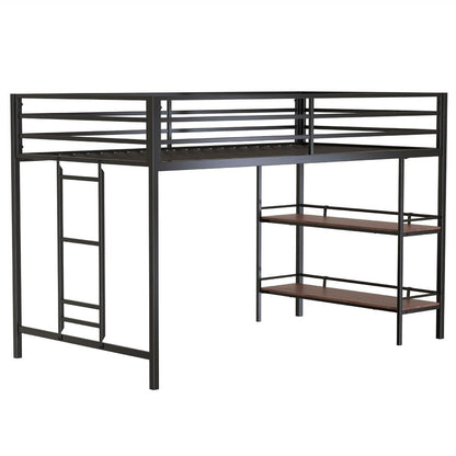 Ady Twin Size Loft Bed with Ladder and 2 Wood Shelves, Black Metal Frame