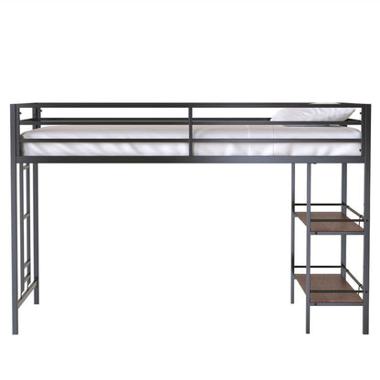 Ady Twin Size Loft Bed with Ladder and 2 Wood Shelves, Black Metal Frame