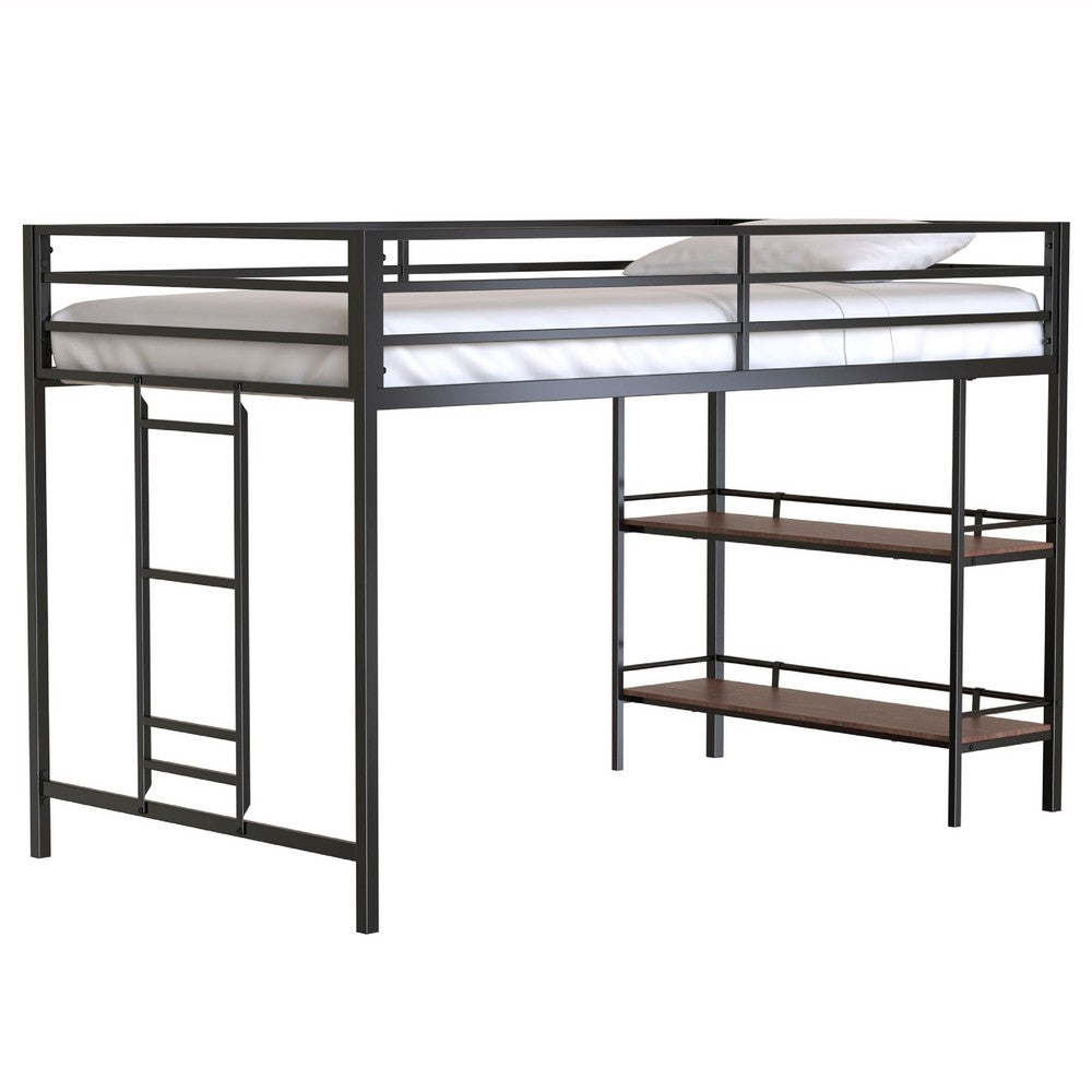 Ady Twin Size Loft Bed with Ladder and 2 Wood Shelves, Black Metal Frame