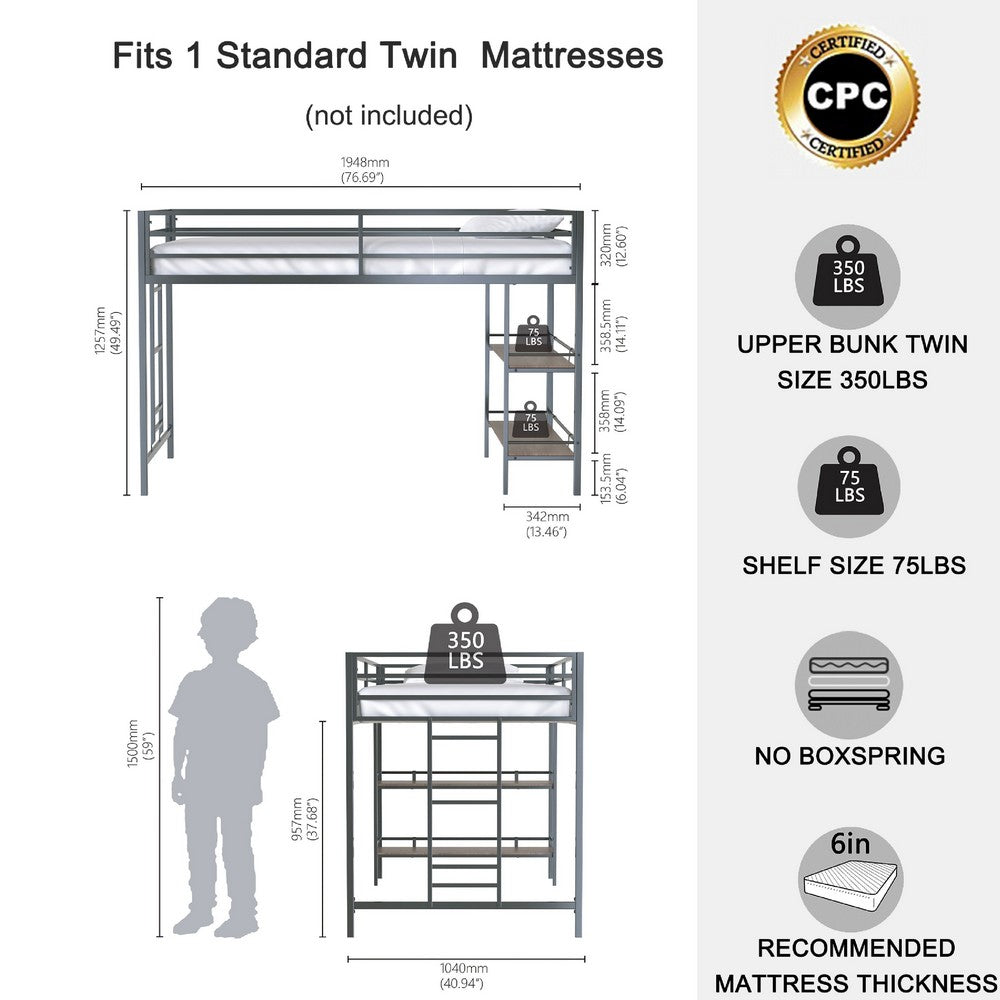 Ady Twin Size Loft Bed with Ladder and 2 Wood Shelves, Black Metal Frame