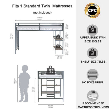 Ady Twin Size Loft Bed with Ladder and 2 Wood Shelves, Black Metal Frame