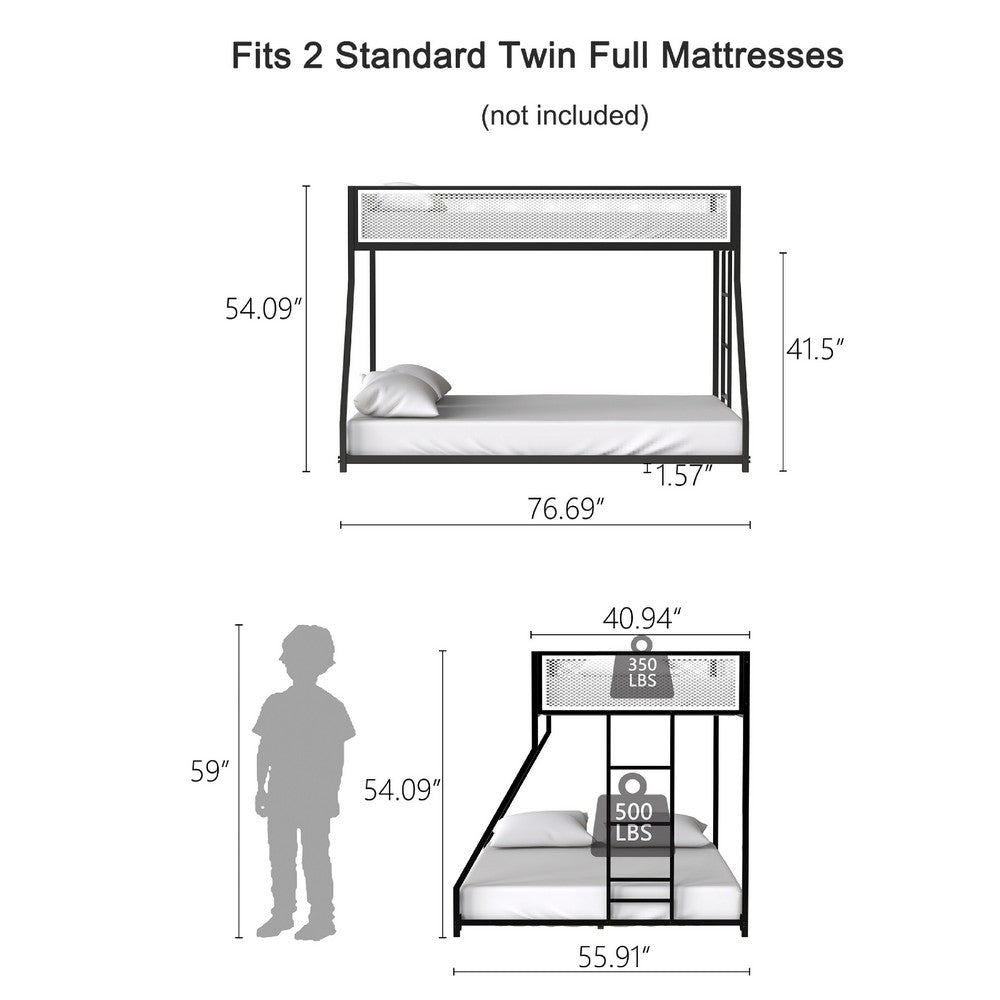 Ady Low Profile Twin Over Full Bunk Bed with Mesh Guardrail, Black Metal