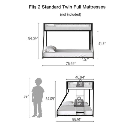 Ady Low Profile Twin Over Full Bunk Bed with Mesh Guardrail, Black Metal