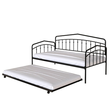Fea Twin Size Daybed with Pull Out Twin Trundle, Black Metal Frame