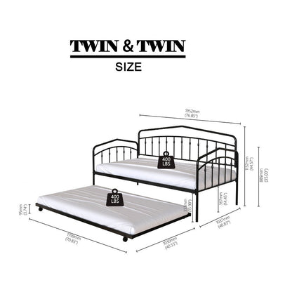 Fea Twin Size Daybed with Pull Out Twin Trundle, Black Metal Frame