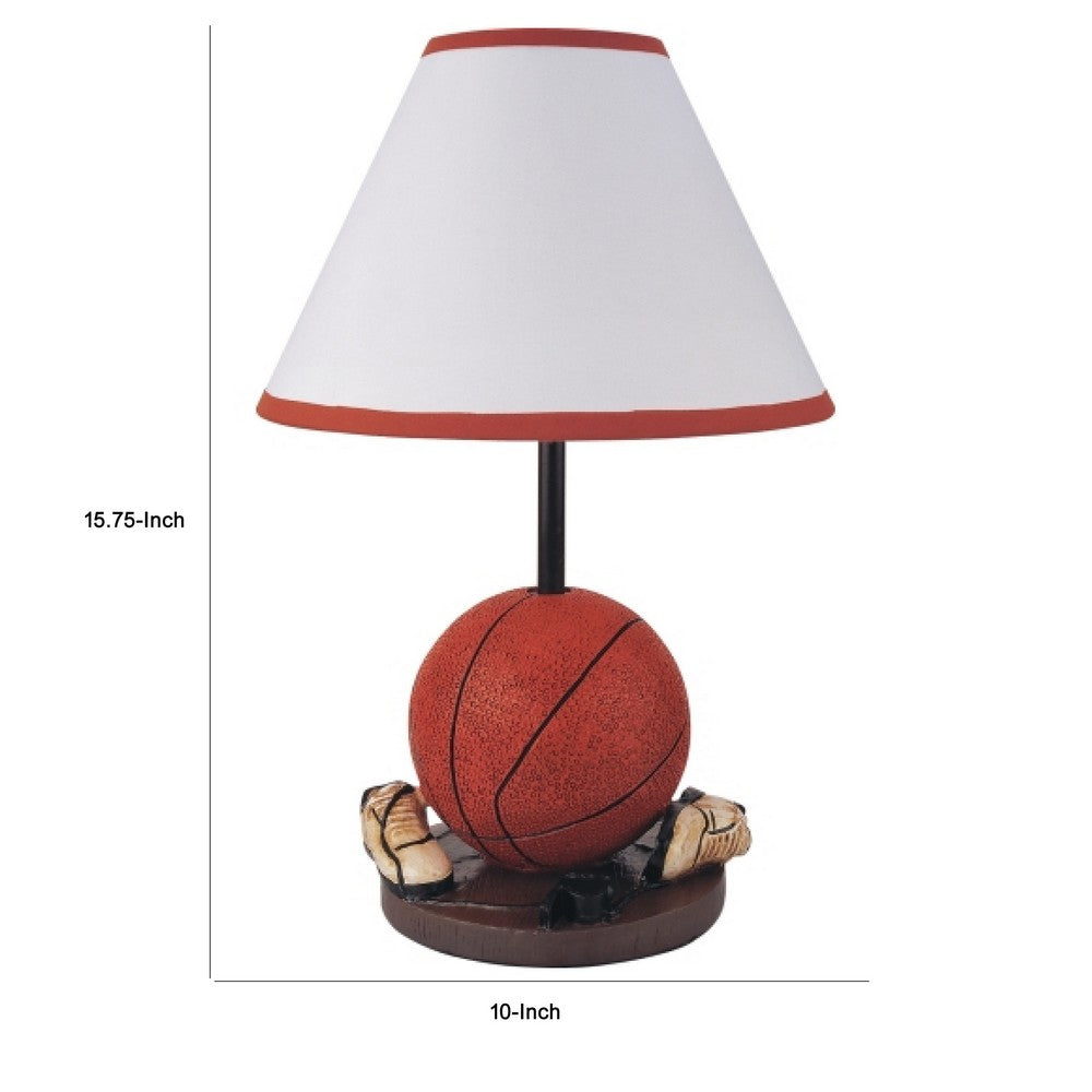 Basketball Table Lamp with White Fabric Shade, Sports Fans Brown 16 Inch